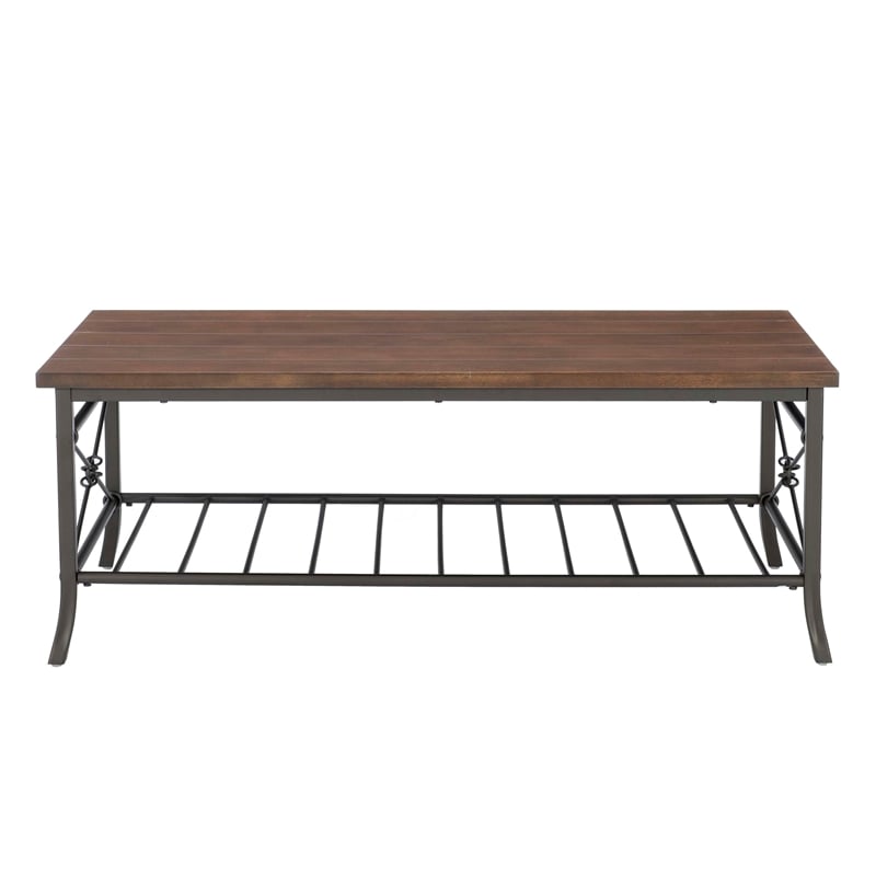 Linon Anders 3 Pc Metal and Wood Occasional Table Set Plank Style Tops in Brown