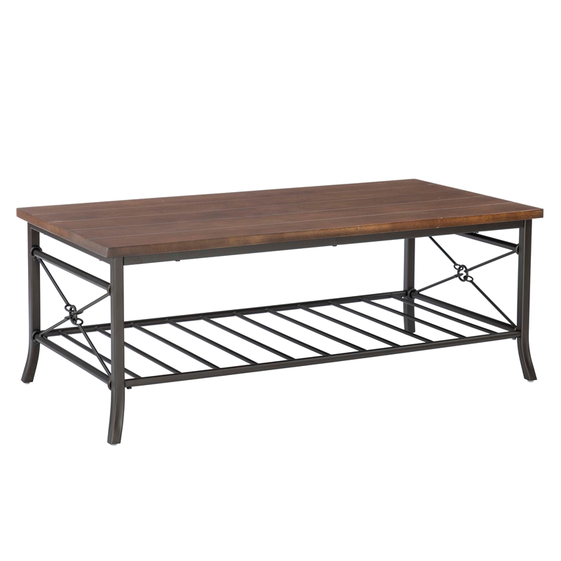 Linon Anders 3 Pc Metal and Wood Occasional Table Set Plank Style Tops in Brown