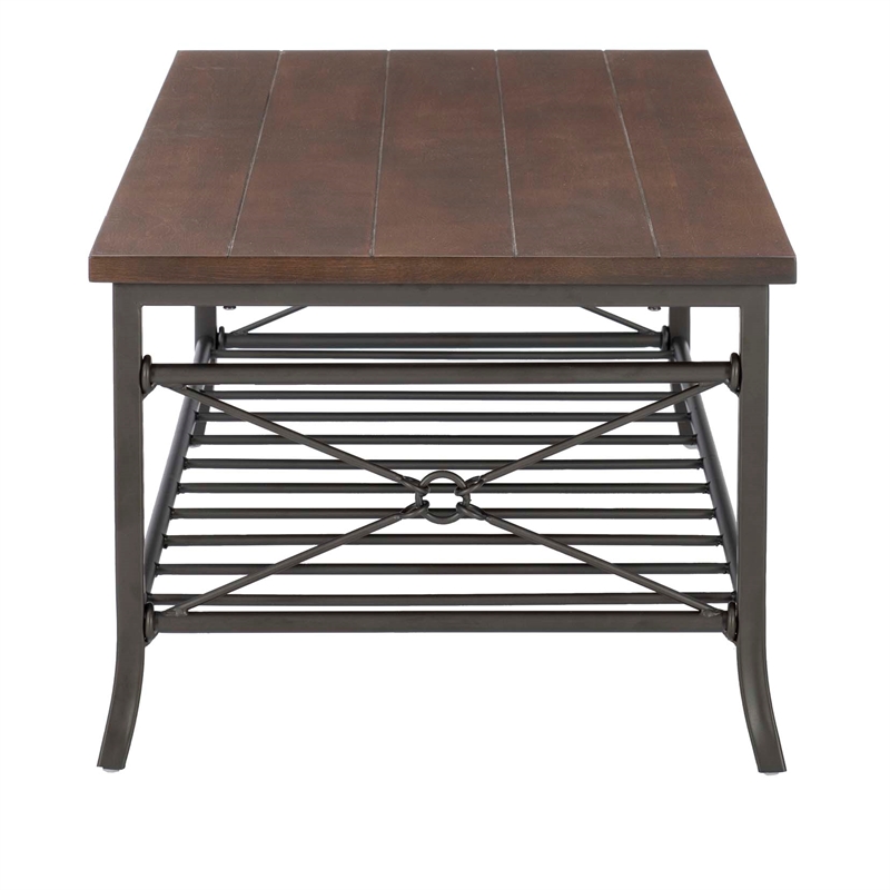 Linon Anders 3 Pc Metal and Wood Occasional Table Set Plank Style Tops in Brown
