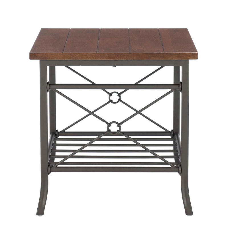 Linon Anders 3 Pc Metal and Wood Occasional Table Set Plank Style Tops in Brown