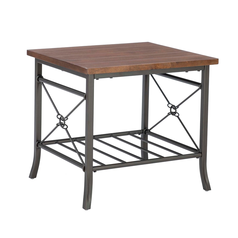 Linon Anders 3 Pc Metal and Wood Occasional Table Set Plank Style Tops in Brown