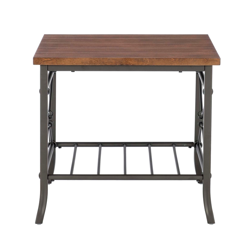 Linon Anders 3 Pc Metal and Wood Occasional Table Set Plank Style Tops in Brown