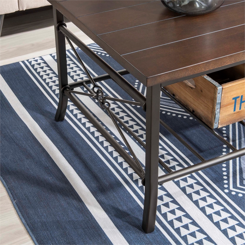 Linon Anders 3 Pc Metal and Wood Occasional Table Set Plank Style Tops in Brown