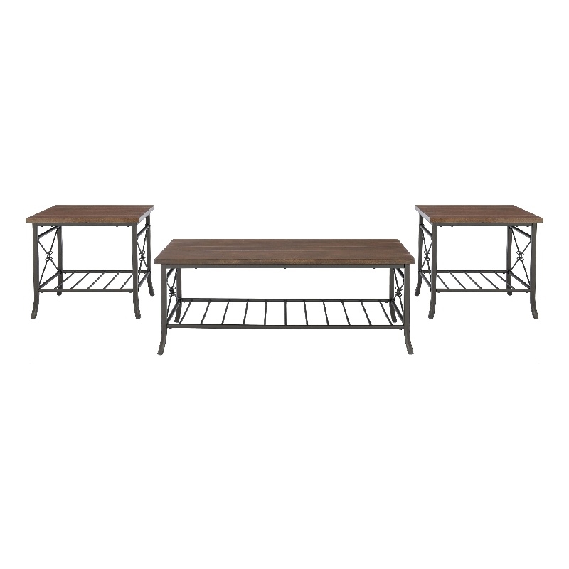 Linon Anders 3 Pc Metal and Wood Occasional Table Set Plank Style Tops in Brown