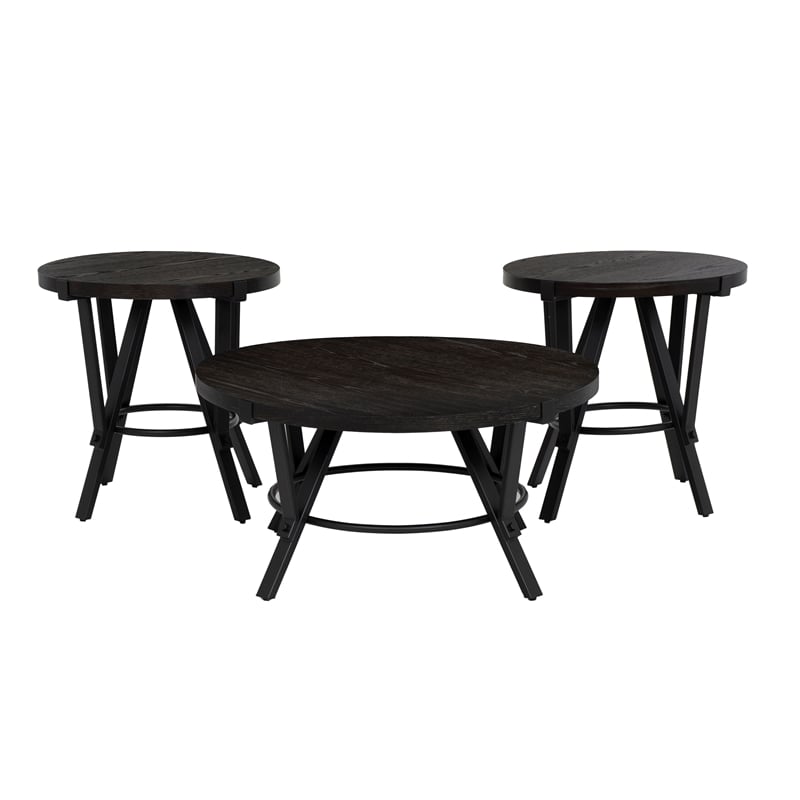 Linon Thorne 3 Pc Round Metal and Wood Occasional Table Set in Charcoal