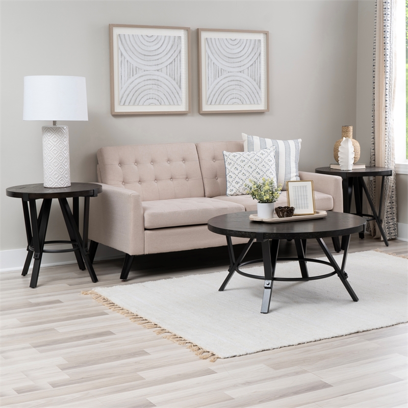 Linon Thorne 3 Pc Round Metal and Wood Occasional Table Set in Charcoal