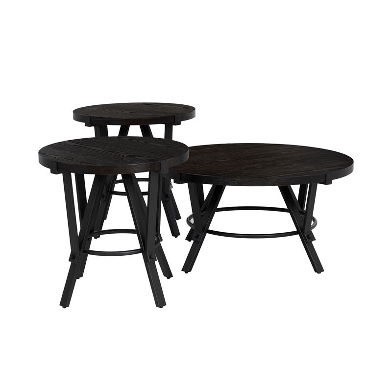 Linon Thorne 3 Pc Round Metal and Wood Occasional Table Set in Charcoal