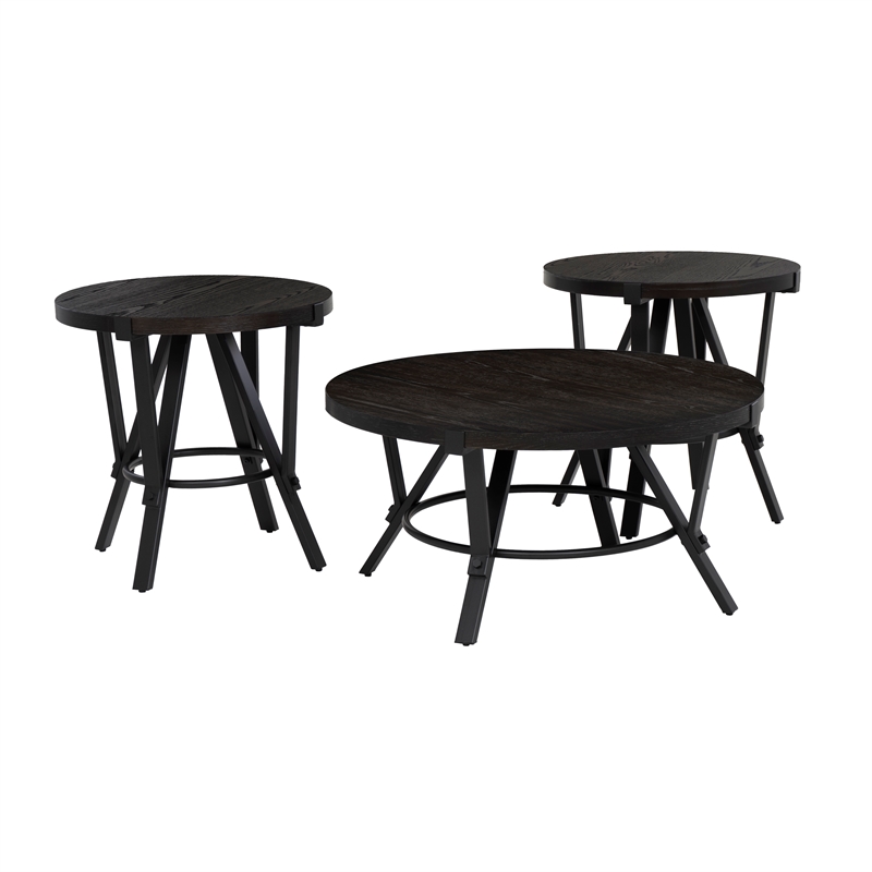 Linon Thorne 3 Pc Round Metal and Wood Occasional Table Set in Charcoal
