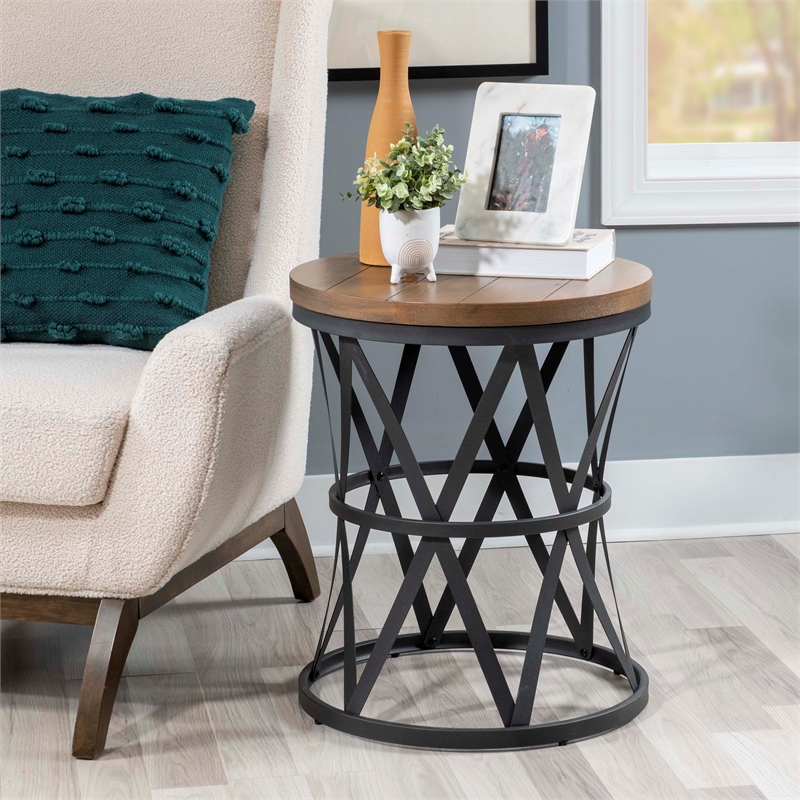 Linon Johns Rustic Round Metal and Wood Barrel Table in Charcoal Gray Finish