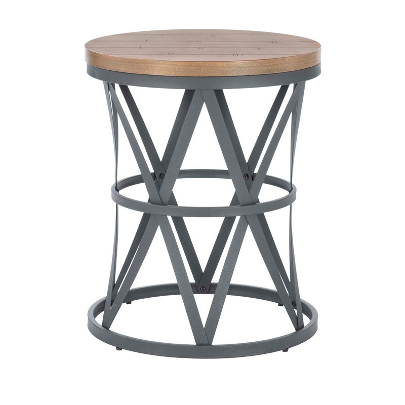 Linon Johns Rustic Round Metal and Wood Barrel Table in Charcoal Gray Finish