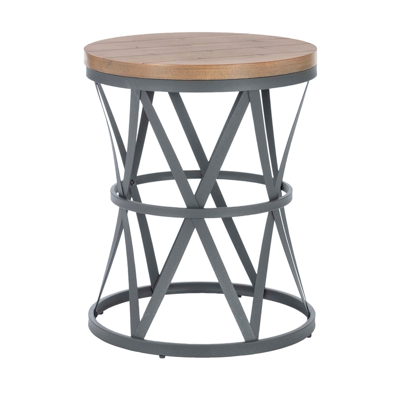 Linon Johns Rustic Round Metal and Wood Barrel Table in Charcoal Gray Finish