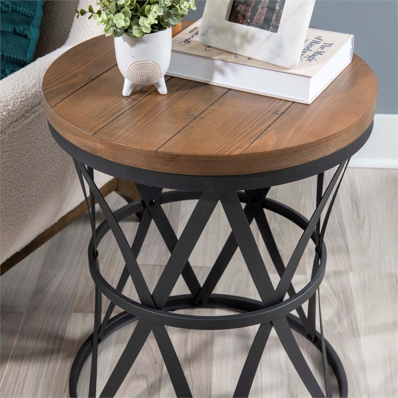 Linon Johns Rustic Round Metal and Wood Barrel Table in Charcoal Gray Finish