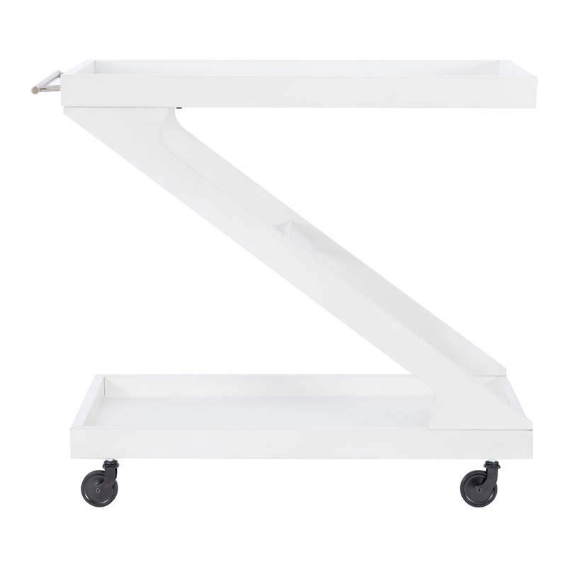 Linon Mare Wood Z Shaped Rolling Bar Cart with Glass Top in White
