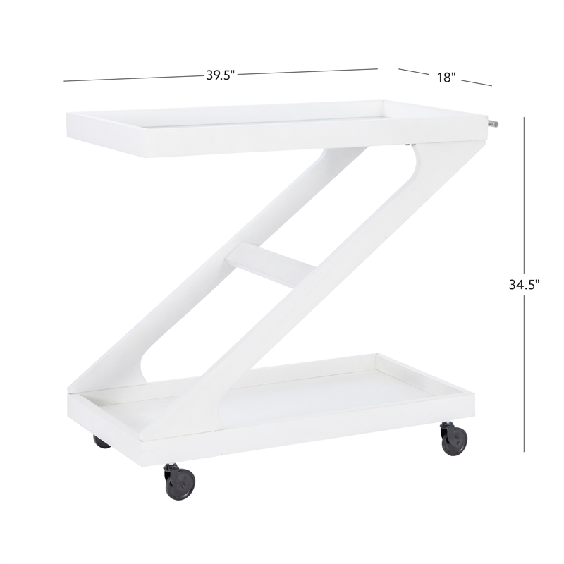 Linon Mare Wood Z Shaped Rolling Bar Cart with Glass Top in White