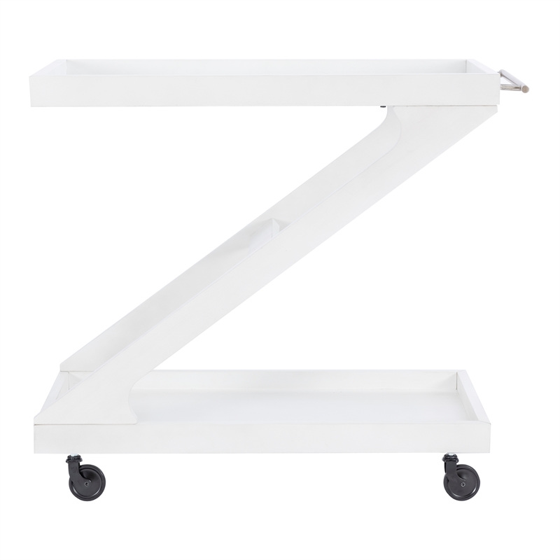 Linon Mare Wood Z Shaped Rolling Bar Cart with Glass Top in White