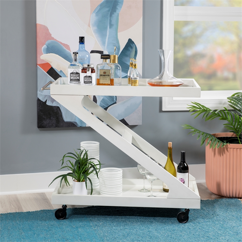 Linon Mare Wood Z Shaped Rolling Bar Cart with Glass Top in White
