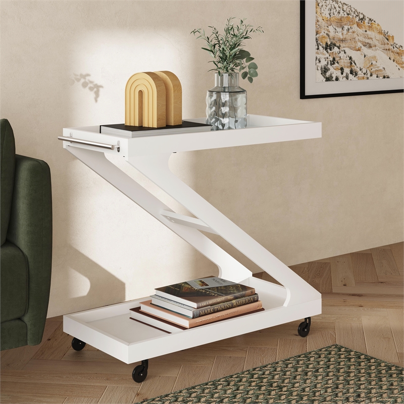 Linon Mare Wood Z Shaped Rolling Bar Cart with Glass Top in White
