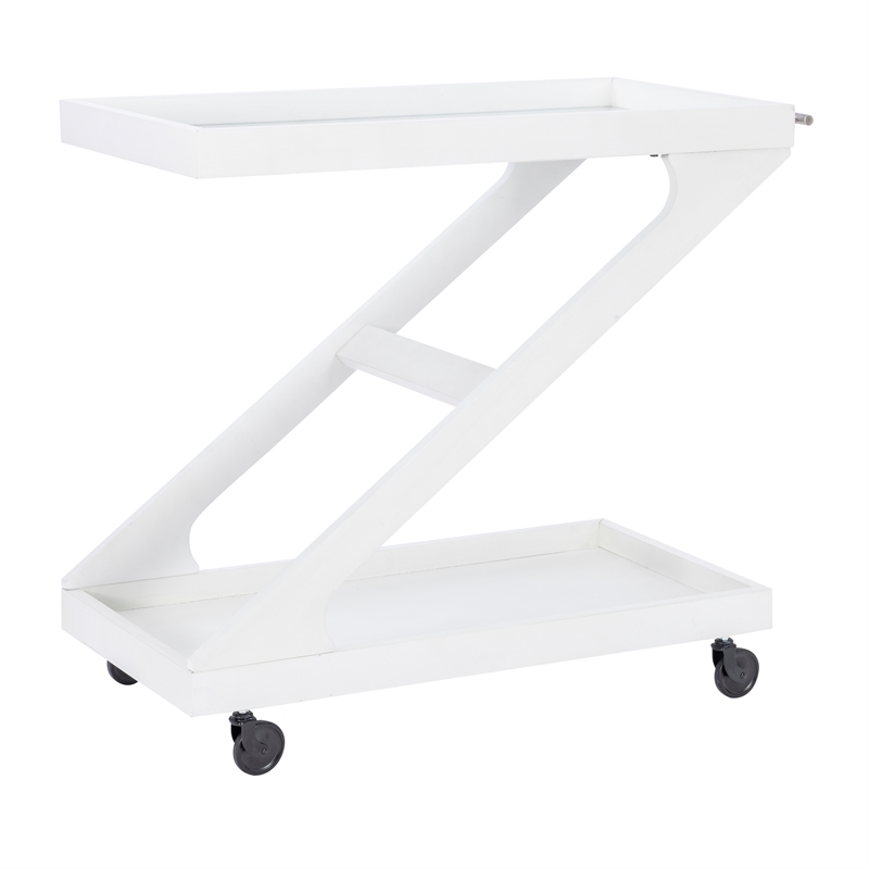 Linon Mare Wood Z Shaped Rolling Bar Cart with Glass Top in White