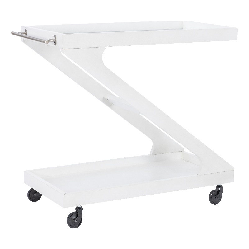 Linon Mare Wood Z Shaped Rolling Bar Cart with Glass Top in White