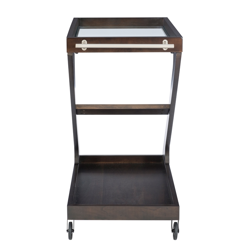 Linon Mare Wood Z Shaped Rolling Bar Cart with Glass Top in Umber Stain