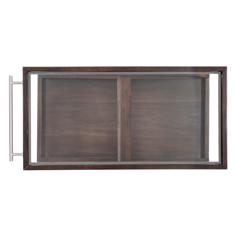 Linon Mare Wood Z Shaped Rolling Bar Cart with Glass Top in Umber Stain