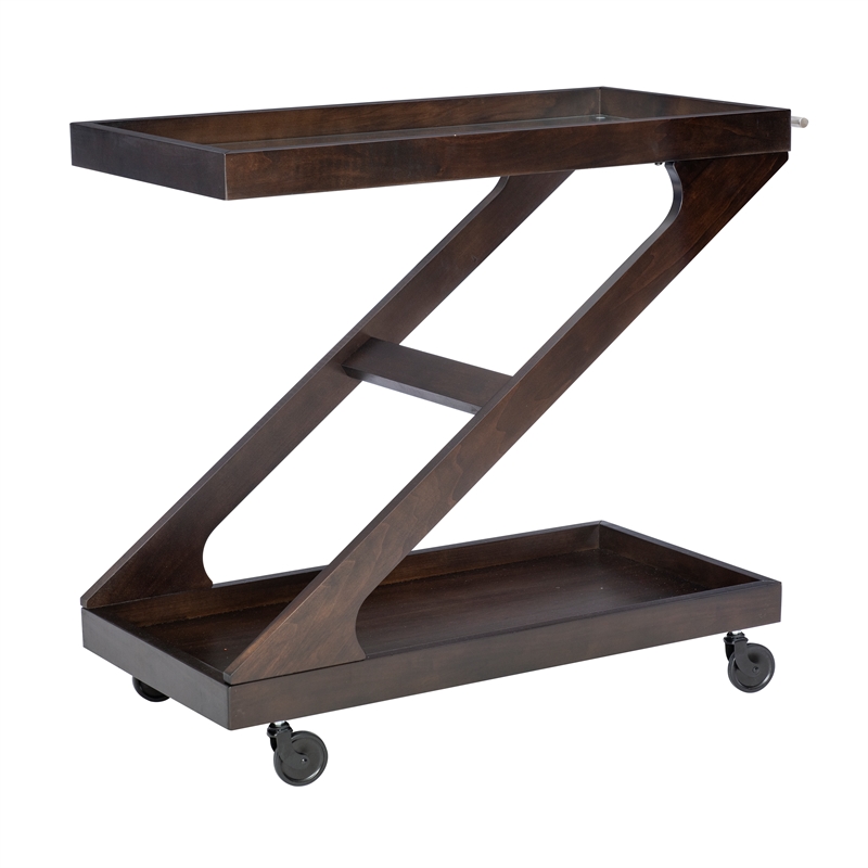 Linon Mare Wood Z Shaped Rolling Bar Cart with Glass Top in Umber Stain