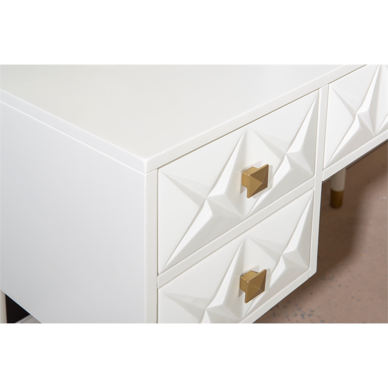 Linon Alick Geo Texture Lighted Vanity & Fluffy Stool Gold Accents in White Wood
