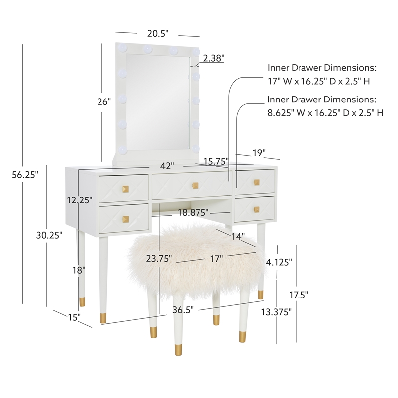 Linon Alick Geo Texture Lighted Vanity & Fluffy Stool Gold Accents in White Wood