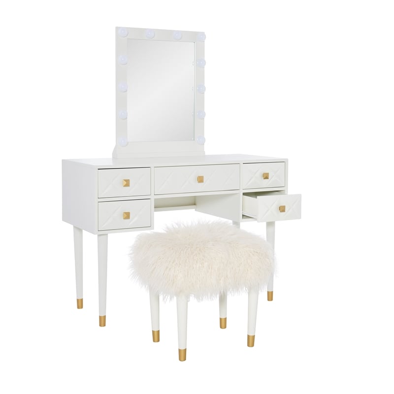 Linon Alick Geo Texture Lighted Vanity & Fluffy Stool Gold Accents in White Wood