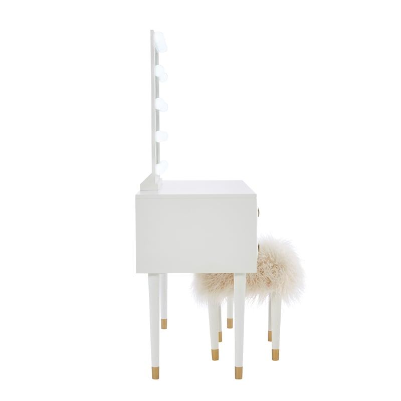 Linon Alick Geo Texture Lighted Vanity & Fluffy Stool Gold Accents in White Wood