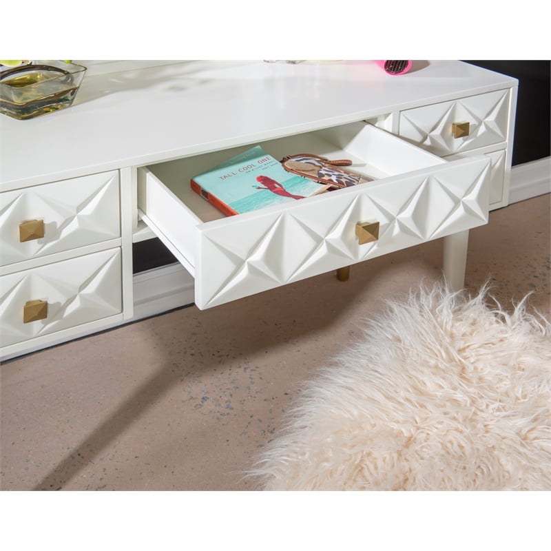 Linon Alick Geo Texture Lighted Vanity & Fluffy Stool Gold Accents in White Wood