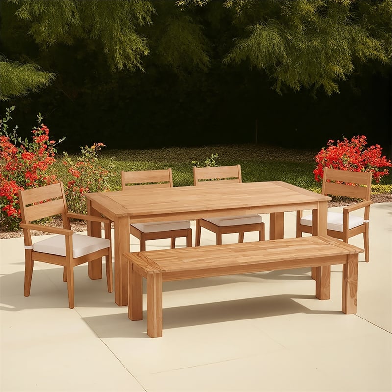 Linon Barlow 6Pc Set Teak Outdoor Table Bench 4 Chairs & Cushions in Natural