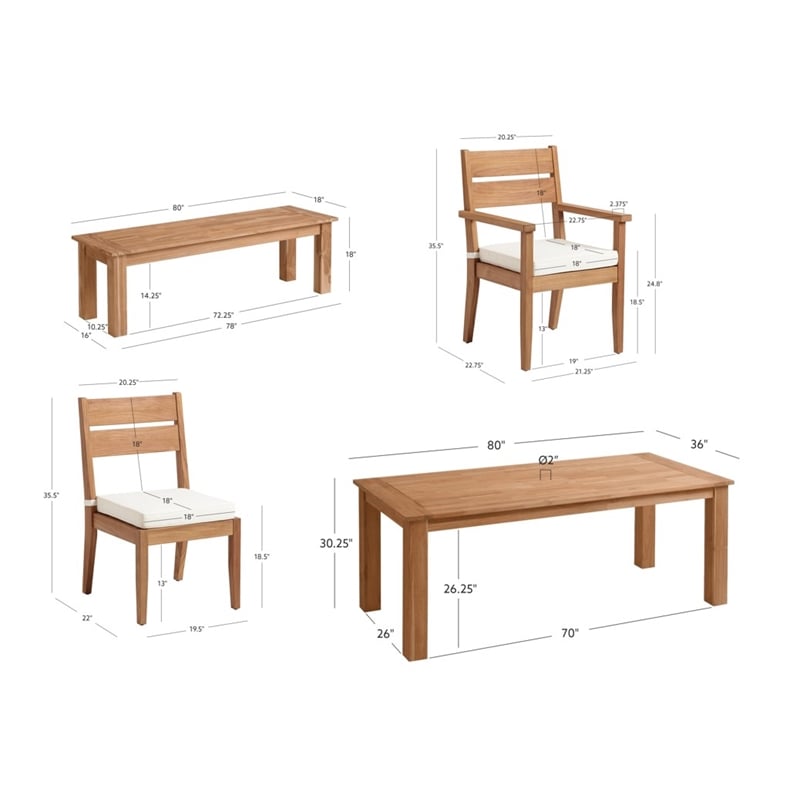 Linon Barlow 6Pc Set Teak Outdoor Table Bench 4 Chairs & Cushions in Natural