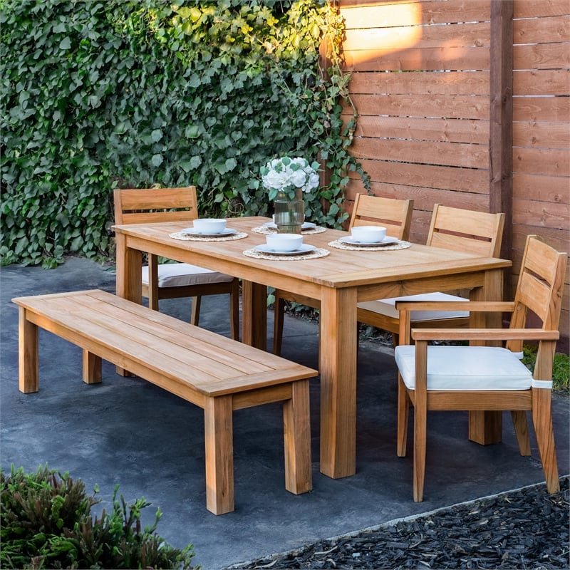 Linon Barlow 6Pc Set Teak Outdoor Table Bench 4 Chairs & Cushions in Natural