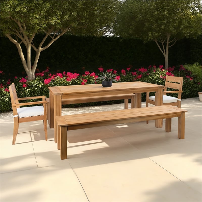 Linon Barlow 5Pc Set Teak Outdoor Table 2 Benches 2 Chairs & Cushions in Natural