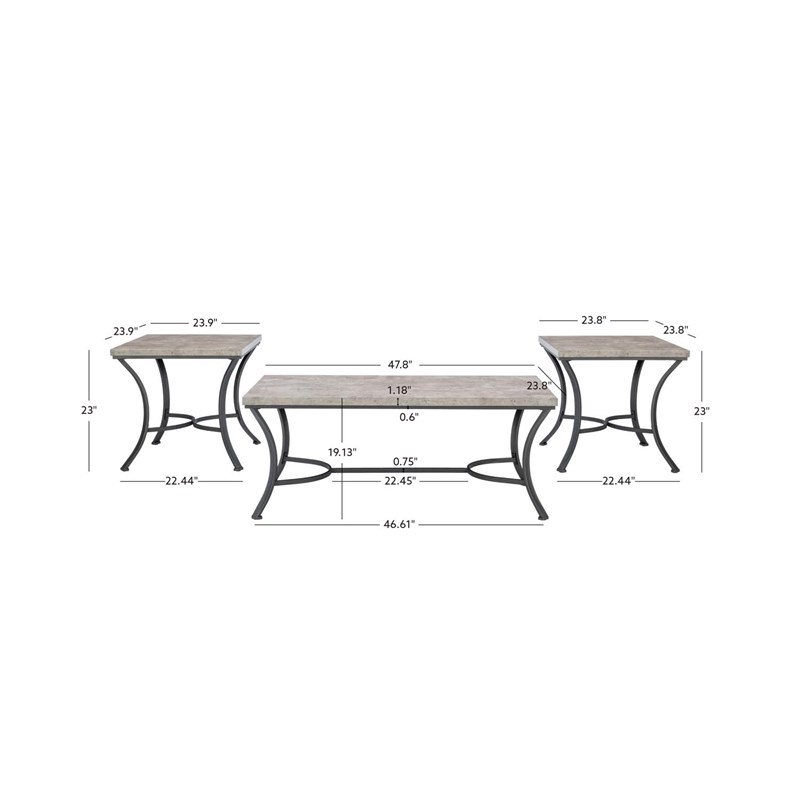 Linon Gina 3 Piece Occasional Table Set Faux Concrete Top in Charcoal Steel