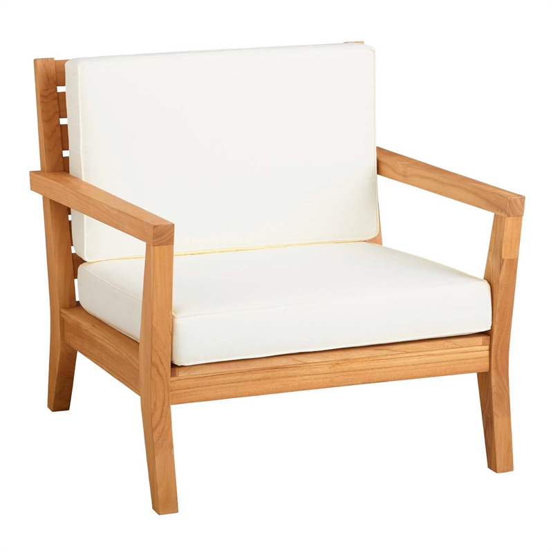 Linon Barlow 5Pc Set Teak Outdoor Sofa 2 Tables 2 Chairs & Cushions in Natural