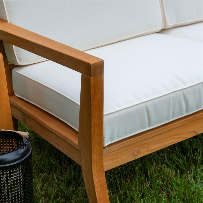 Linon Barlow 5Pc Set Teak Outdoor Sofa 2 Tables 2 Chairs & Cushions in Natural