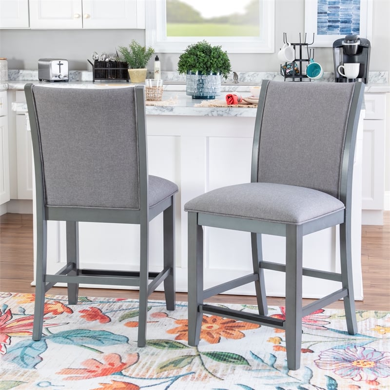 Linon Vern Set of 2 Light Gray Upholstered Wood Counter Stools in Gray Stain