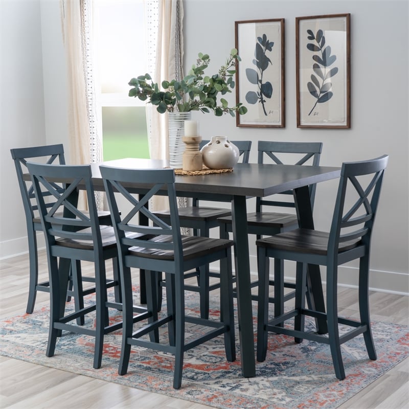 Linon Oz Wood X Back 2 Tone Counter Stool Set of 2 in Slate Blue