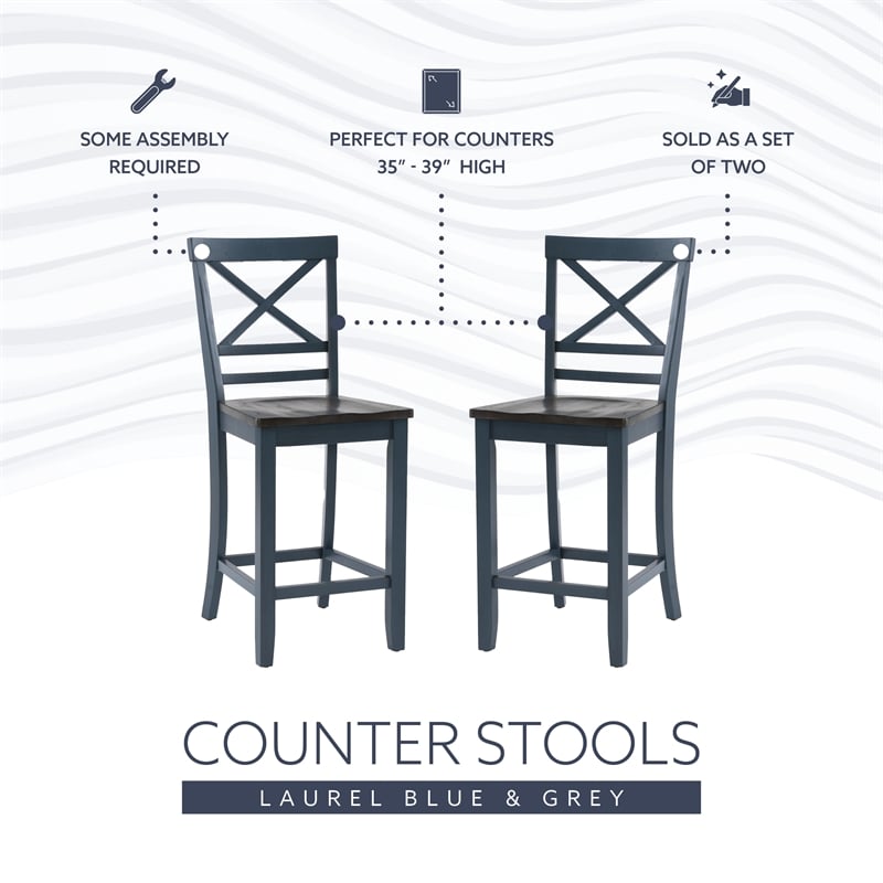 Linon Oz Wood X Back 2 Tone Counter Stool Set of 2 in Slate Blue