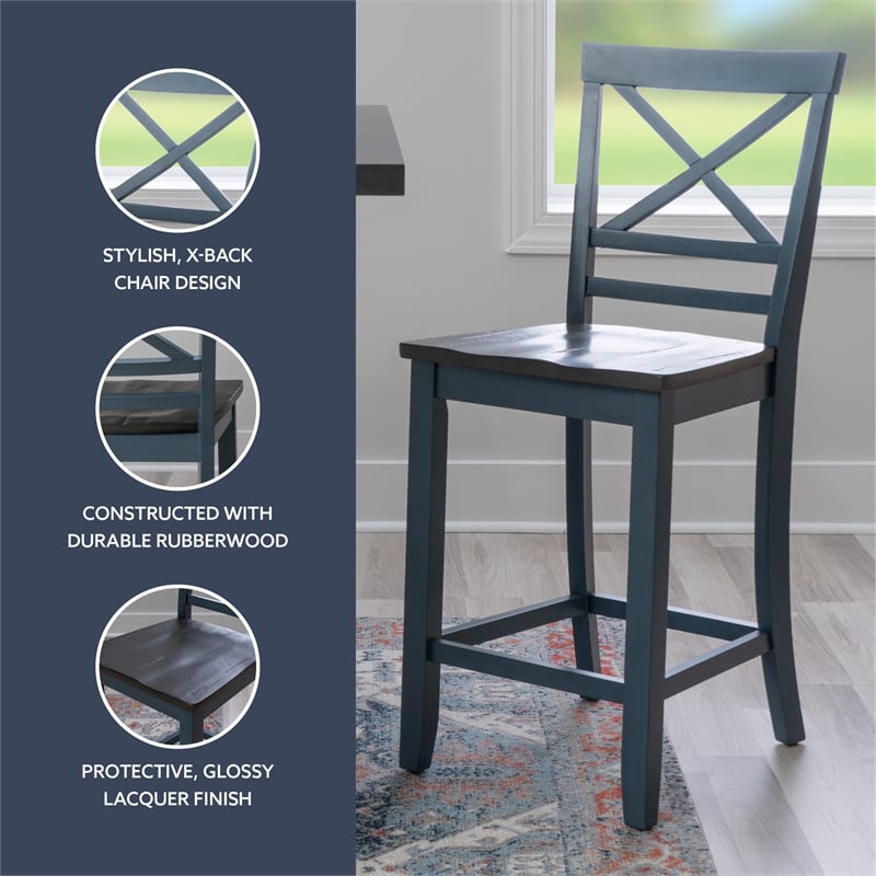 Linon Oz Wood X Back 2 Tone Counter Stool Set of 2 in Slate Blue