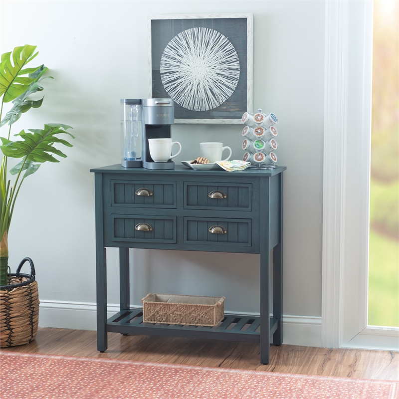 Linon Laine Console Table 4 Drawers Lower Shelf in Rustic Teal Blue Wood