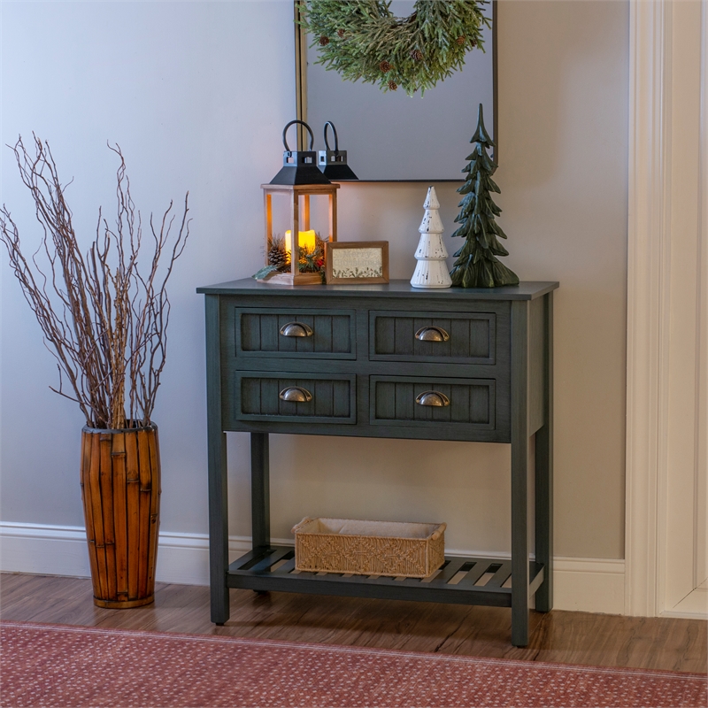 Linon Laine Console Table 4 Drawers Lower Shelf in Rustic Teal Blue Wood