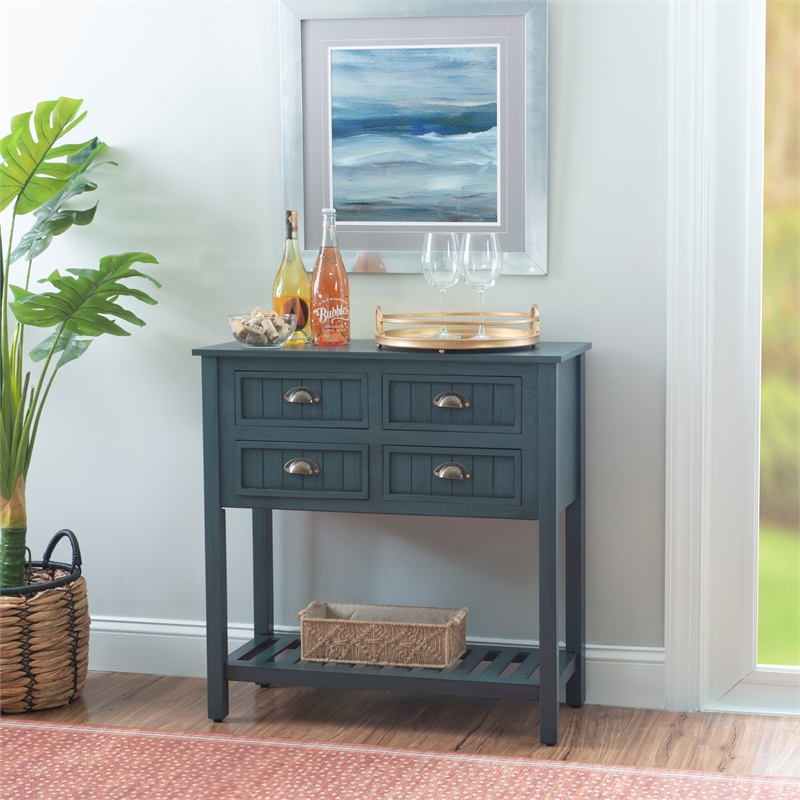 Linon Laine Console Table 4 Drawers Lower Shelf in Rustic Teal Blue Wood