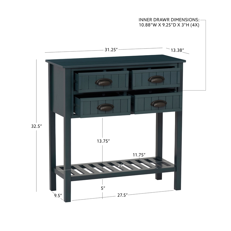 Linon Laine Console Table 4 Drawers Lower Shelf in Rustic Teal Blue Wood