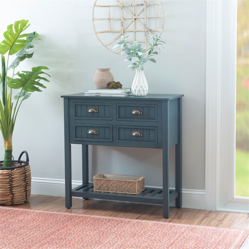 Linon Laine Console Table 4 Drawers Lower Shelf in Rustic Teal Blue Wood