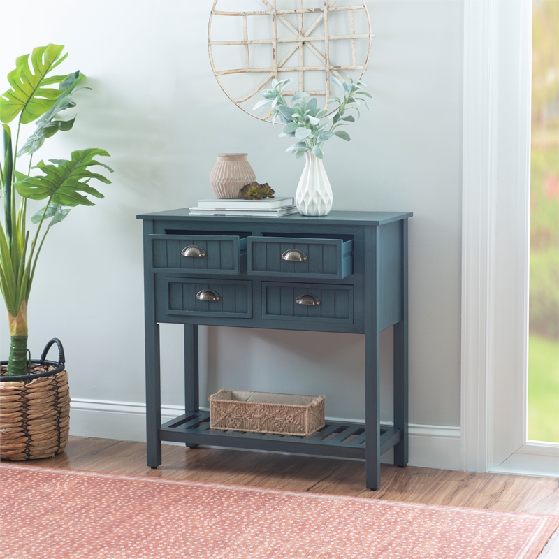 Linon Laine Console Table 4 Drawers Lower Shelf in Rustic Teal Blue Wood