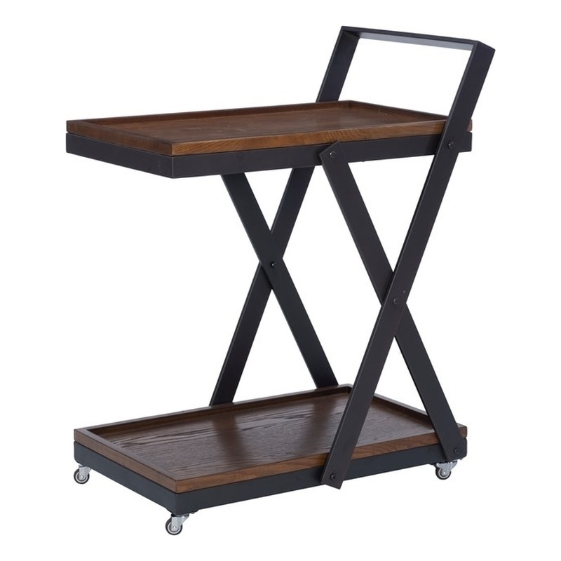 Linon Carley Dark Rustic Wood 2 Level Rolling Bar Cart with Metal Frame in Black