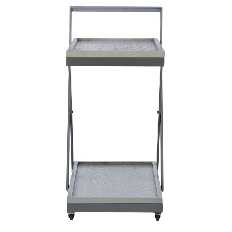 Linon Carley Antique White Wood 2 Level Rolling Bar Cart Metal Frame in Pewter